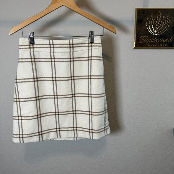 Women's‎ J.Crew Cream and Brown Plaid Mini A-Line Skirt Size 0 NEW - Picture 3 of 9